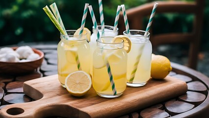 Sweet lemonades served with straws on wooden chopping board and table