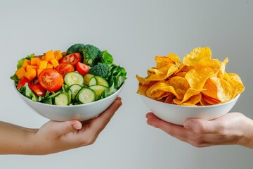 One hand holding bowl of vegetable salad, other holding chips. Healthy natural organic fresh vegetarian food vs unhealthy processed fast junk food. Lunch or snack decision