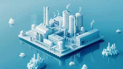 Wall Mural - A stylized industrial complex with various structures and smokestacks on a serene blue background.