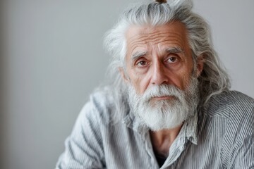 Aufkleber - An elderly man with long gray hair and a full beard sits indoors, gazing thoughtfully toward the camera in soft natural light. Generative AI