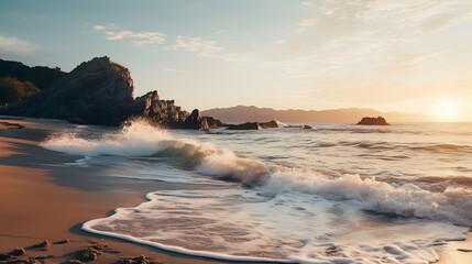 Wall Mural - A backlit beach scene at dawn with waves crashing stone