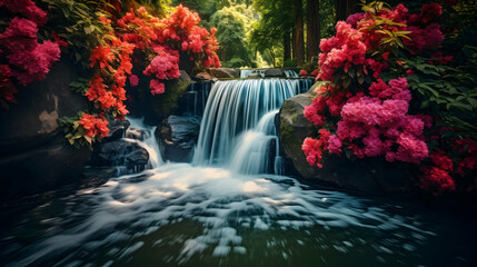 Wall Mural - A cascading waterfall surrounded by vibrant flower