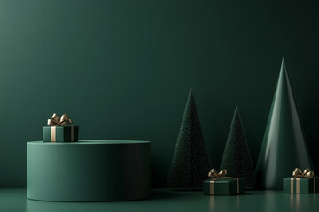 Christmas Cylindrical Table for Promotions. Realistic 3D Studio for Product Placement. Green Emerald Round Podium with Trees and Presents. New Year Sale Round Stand. Luxury Cylindrical Stage.