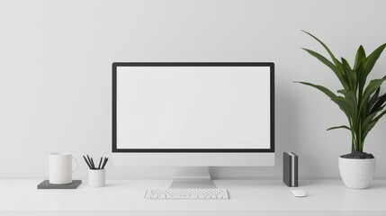 A clean desktop mock-up featuring a monitor with a blank screen, a keyboard, and a mouse on a white desk