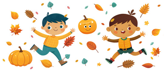 Autumn Concept | Children playing among leaves and pumpkins, Halloween, Autumn, Fall, back to school | Bright multi-colored digital cartoon illustration