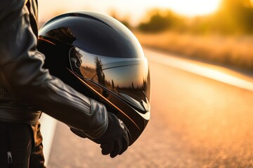 A Biker waring a helmet clothing apparel hardhat.