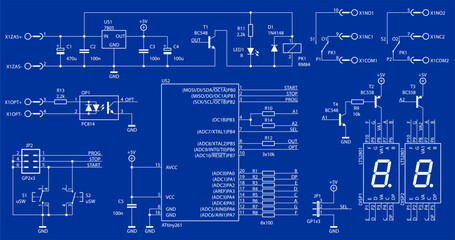 Poster - Schematic diagram of electronic device.
Vector drawing electrical circuit with 
led, microcontroller, integrated circuit, button, 
resistor, capacitor, diode, transistor
on background of paper sheet.