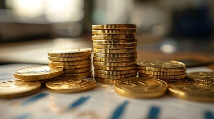 Golden coins arranged on a graph, representing investment and economic growth.