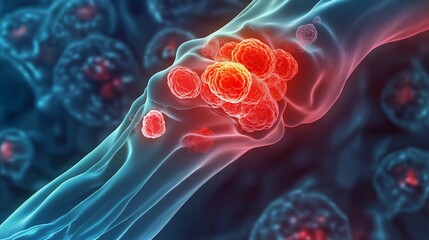 Sticker - Vector illustration of a joint affected by gout, showing uric acid crystal buildup in the joint leading to inflammation and pain.