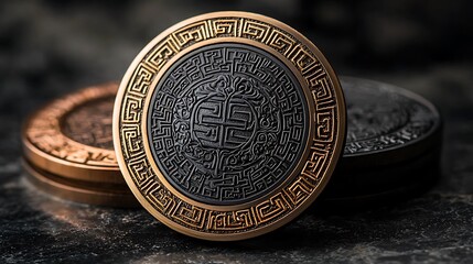 An ornate gold and black coin adorned with a geometric pattern, exuding elegance.