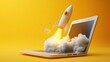 © Taras Vykhopen - A rocket launches from a laptop screen against a vibrant yellow background