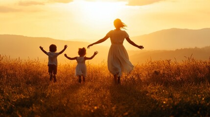 A group of children run across the grass at sunset at a sun silhouette. Childhood dream concept. Children at sunset have fun on the grass.