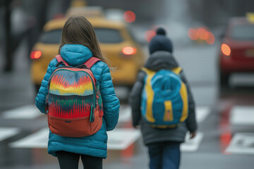 Girl And Boy With Backpacks Carefully Cross Road On Pedestrian Crossing On Their Way To School, Pedestrian Safety Car