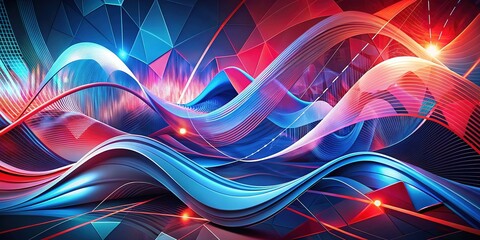 Vibrant red and blue graphics swirl together in a dynamic abstract composition, featuring geometric shapes, waves, and lines that evoke a sense of energy and motion.