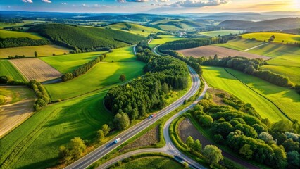 Aerial view of a rural crossroads, where two winding roads intersect, surrounded by lush green forests and rolling hills under a serene blue sky.