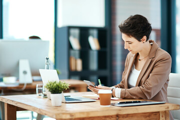 Wall Mural - woman, phone and notebook in office with reading, notes and email notification at startup company. p