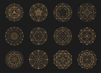 sacred esoteric geometry signs and symbols of occult and mystery, vector icons. sacred geometry of m