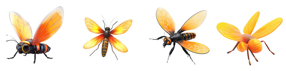 A collection of vibrant, colorful bees showcasing various angles and details, ideal for nature and wildlife themes.