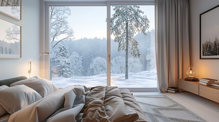 Sticker - A cozy bedroom with a large window overlooking a snowy forest.