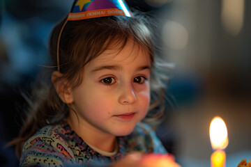 Wall Mural - Happy child blowing out candle on cake at first birthday party generative ai