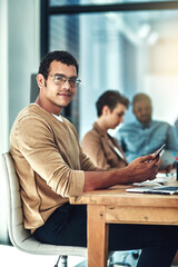 Canvas Print - Portrait, business and man at desk, smartphone and typing with internet, social media and contact. Face, copywriting and employee with cellphone, mobile user and digital app for texting and message