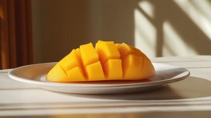 Poster - Sliced Mango on a White Plate in Sunlight