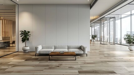 Comfortable office lobby interior with blank white wall. Modern living room interior with sofa beautiful apartment, modern comfortable interior, Modern Office Lobby design, 