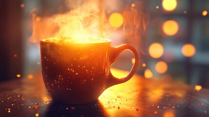 Canvas Print - Steaming Mug with Warm Golden Lights and Bokeh