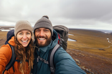 Sticker - Couple traveler adventure portrait outdoors.