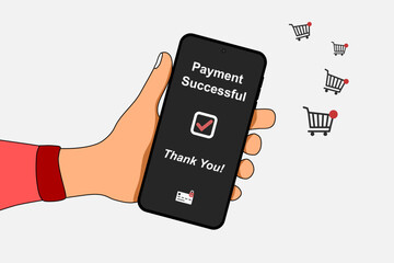 Hand holding a mobile phone to make online shopping payment using a smartphone. Online payment concept. Vector illustration.