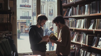 Two friends engrossed in books share a light moment inside a cozy bookstore, with sunlight streaming through large windows, illuminating the shelves.