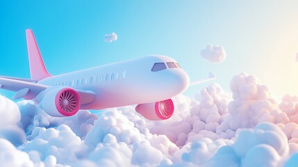 Poster - A stylized airplane soaring through fluffy clouds in a vibrant sky.