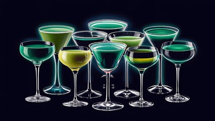 Colourful green cocktails isolated against black