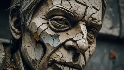 Sticker - Cracked and weathered concrete face sculpture, depicting age and decay with artistic detail