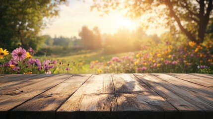 Brown wooden tabletop with an empty surface, framed by a nature landscape filled with flowers