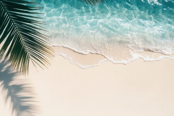 empty abstract sand beach with palm leaf shadow and transparent water wave from above, blank background banner for travel, vacation and wellbeing with copy space ,  ai