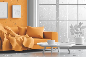 A cozy orange living room with a rain-soaked window, featuring a stylish couch, coffee table, and indoor plant, perfect for relaxation.