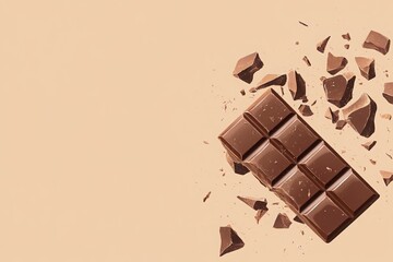 Broken pieces of dark chocolate scattered on a light background, leaving ample space for text