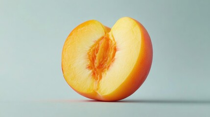 Poster - A Half of a Peach with a Visible Pit on a Light Blue Background