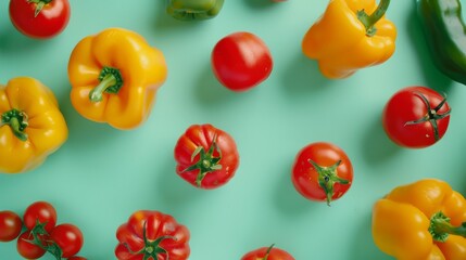 Canvas Print - A top view of assorted tomatoes and bell peppers, both yellow and red, on a light green background.