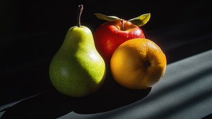 Canvas Print - A Pear, Apple, and Orange Resting on a Dark Surface