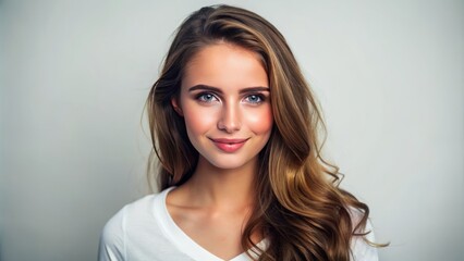 Confident, smiling young woman with stylish hair and minimal makeup, looking directly at camera, isolated on a clean white background with soft, natural light.