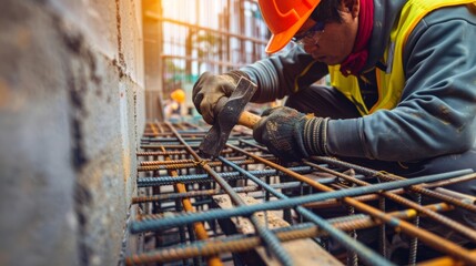 A dedicated construction worker in a hard hat skillfully hammers metal reinforcements, surrounded by a robust framework at a vibrant building site.