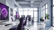 © VK Studio - A modern office bathed in natural light features sleek computers and purple chairs, with a glowing brain graphic on the screens, epitomizing innovation and technology.