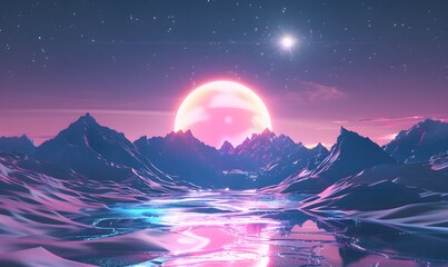 80s retro futuristic sci-fi. Retrowave VJ videogame landscape, neon lights and low poly terrain grid. Stylized vintage vaporwave 3d illustration background with mountains, sun and stars.