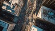 © VK Studio - An aerial view of a crowded city street filled with marathon runners, showcasing the sheer number of participants and the enormity of the event.