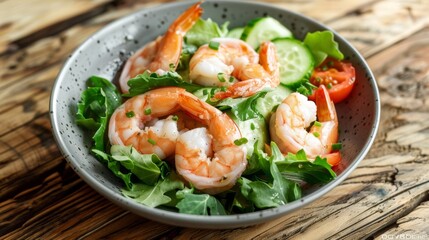 A delicious shrimp salad with fresh greens, tomatoes, cucumbers, and chives in a gray speckled bowl on a wooden table.