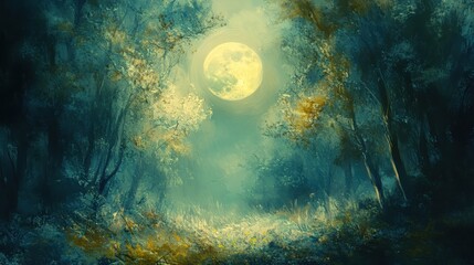 Wall Mural - Enchanted Forest Moonlight Painting - Mystical Night Sky, Full Moon, Trees, Green, Yellow, Abstract Landscape.