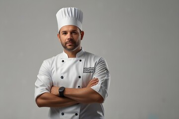 Professional chef in uniform with arms crossed, showcasing culinary expertise and confidence copyspace