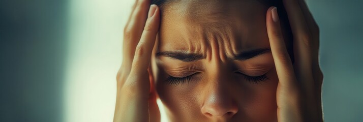 Aufkleber - A woman sits quietly with closed eyes, her hands pressed against her head, conveying feelings of stress and anxiety. Generative AI